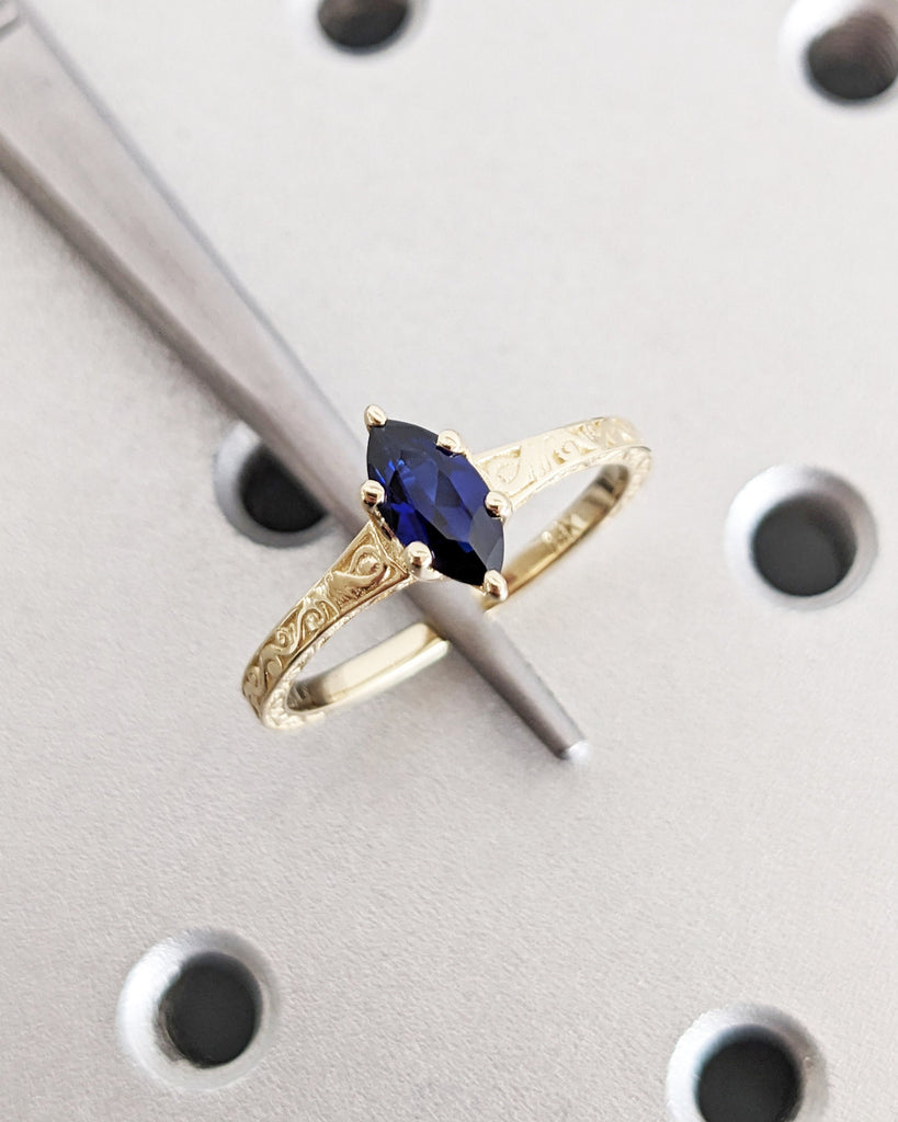 Solitaire Blue Lab Sapphire Art Deco Engagement Ring, 14K Yellow Gold Filigree Wedding Band, Petite Thin Band, Marquise Ring, Statement Ring