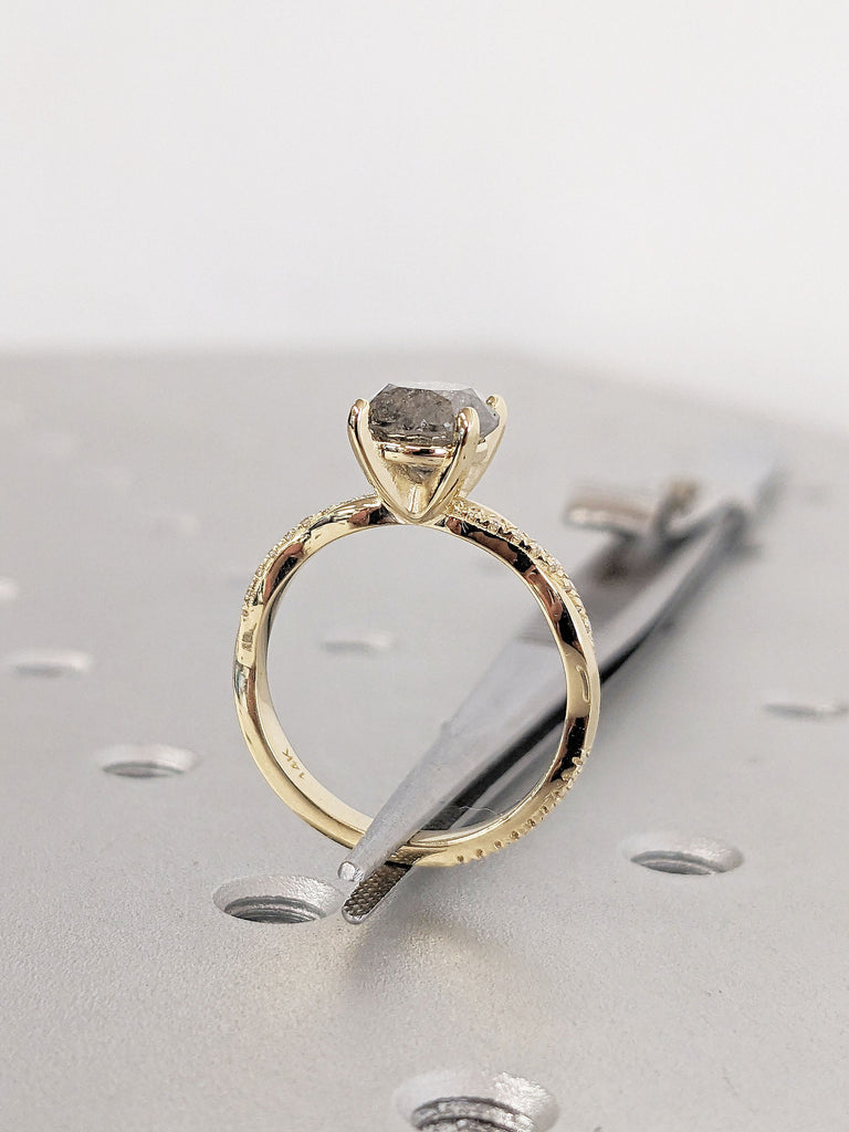 Salt and Pepper Diamond Engagement Rings for Women | 1.5, 2 Carat Diamond Ring | 14k Gold Round cut Eternity Ring | Unique Promise Ring