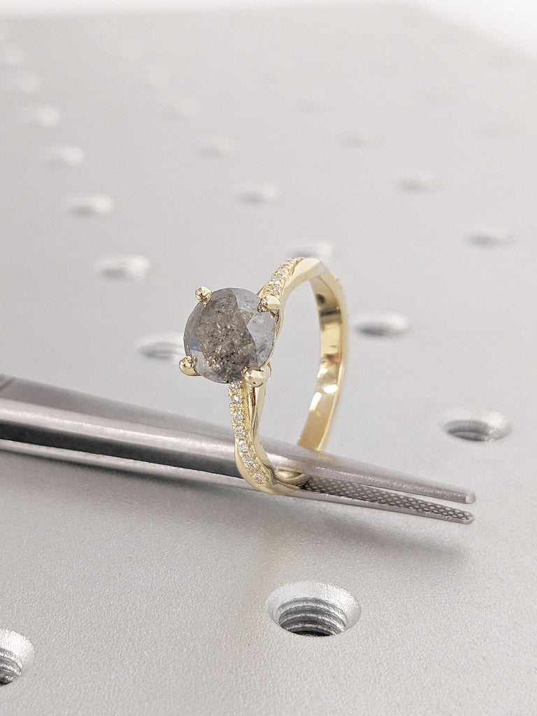 14k Gold Promise Ring | Natural Salt and Pepper Diamond Engagement Ring | Yellow Gold Lab Diamond Cluster Ring | Custom Engagement Rings