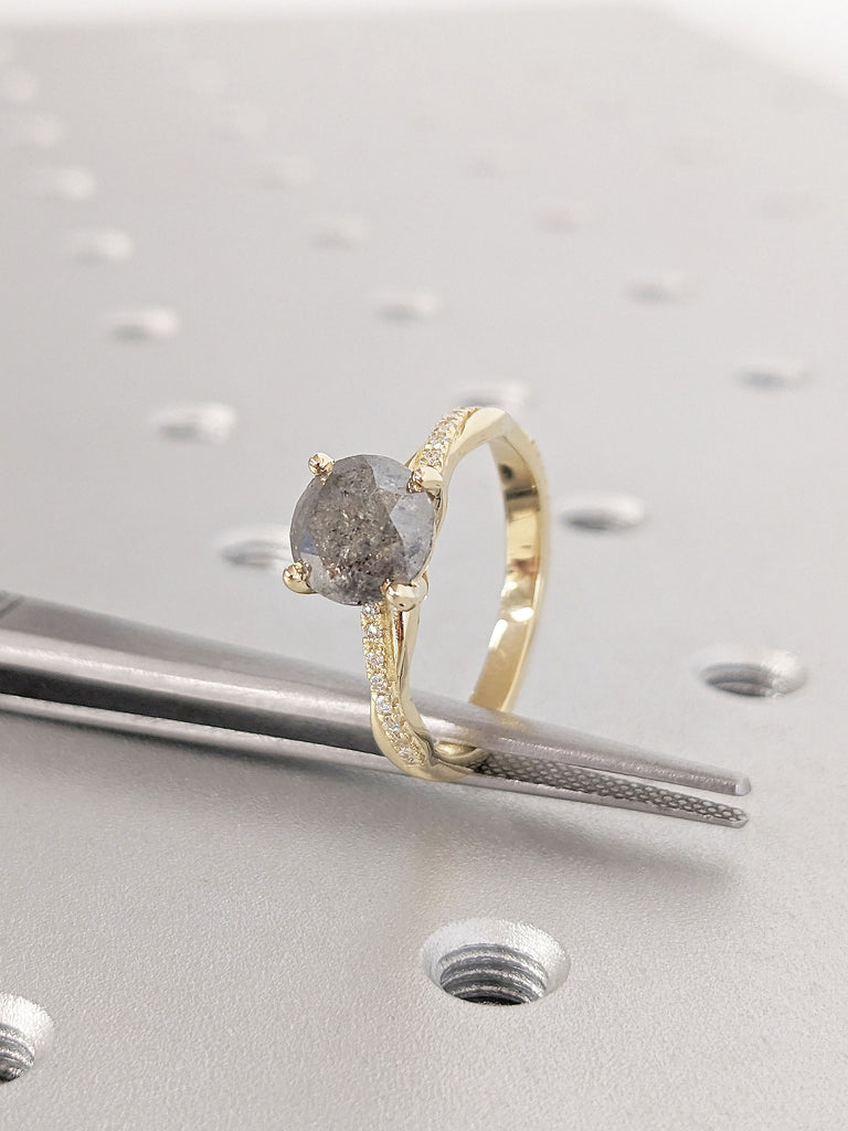 14k Gold Promise Ring | Natural Salt and Pepper Diamond Engagement Ring