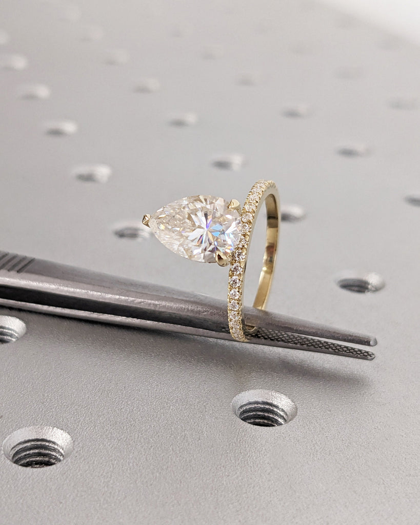 Pear cut Moissate Solitaire Engagement Ring | 14k Yellow Gold Lab Diamond Eternity Band | Unique Promise Anniversary Ring | Talon Prong Ring