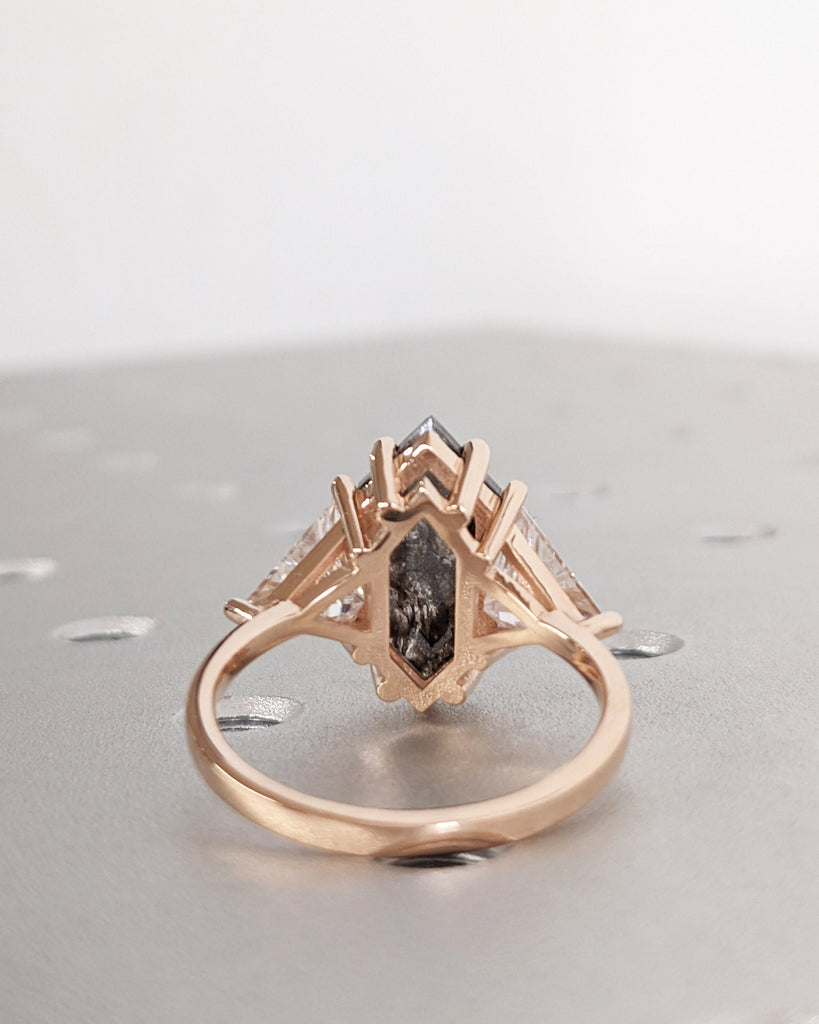 2.5ct Natural Grey Diamond Salt and Pepper Engagement Ring | Elongated Hexagon cut Ring | 14k Rose Gold Rings for Women | Triangle Diamond