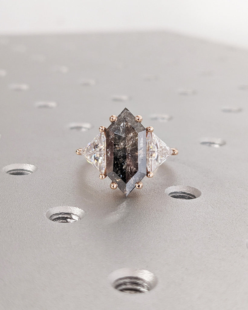 2.5ct Natural Grey Diamond Salt and Pepper Engagement Ring | Elongated Hexagon cut Diamond Ring | 14k Rose Gold Rings for Women | Triangle Diamond