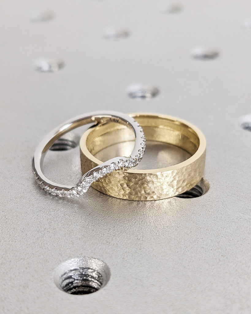 Natural Diamond Ring Couples Ring Set- His and Hers Matching Wedding Bands- 14K Gold- Wedding Ring Matching Promise Ring- Hammered- Brushed