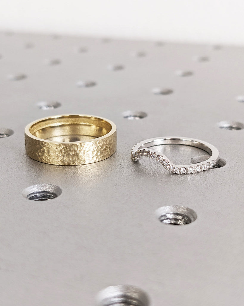 Natural Diamond Ring Couples Ring Set- His and Hers Matching Wedding Bands- 14K Gold- Wedding Ring Matching Promise Ring- Hammered- Brushed