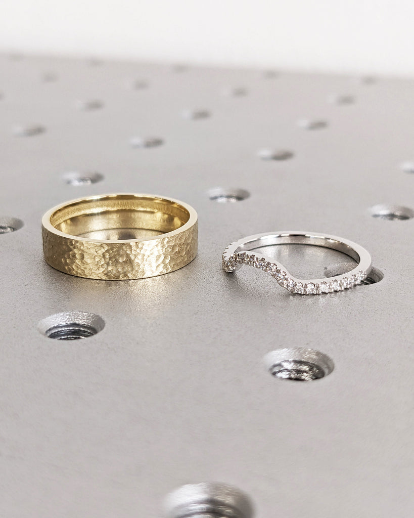 Lab Made Diamond Ring Couples Ring Set- His and Hers Matching Wedding Bands- 14K Gold- Wedding Ring Matching Promise Ring- Hammered- Brushed