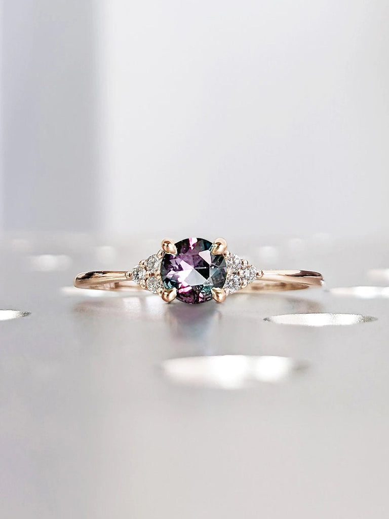 Art Deco Alexandrite Unique Proposal Ring | 14k Rose Gold Diamond Cluster Engagement Ring | Simple Promise Ring | Blue Purple Gemstone Ring