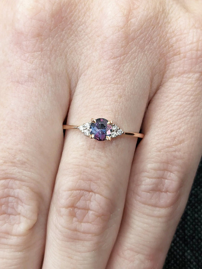 0.5ct Round cut Lab Alexandrite Unique Proposal Ring | Solid Gold, Platinum Moissanite Cluster Commitment Ring | Woman Wedding Anniversary Ring