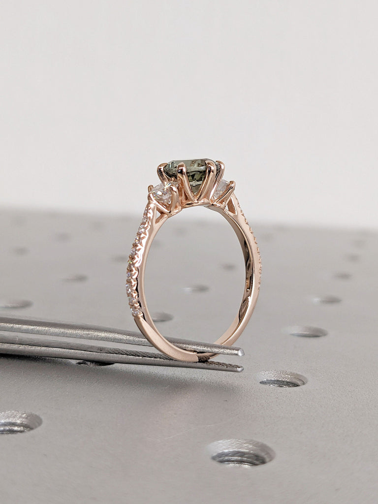 14K 18K Rose Gold Trellis Diamond Moissanite Ring | Vintage Green Tourmaline Proposal Ring | Cocktail Ring