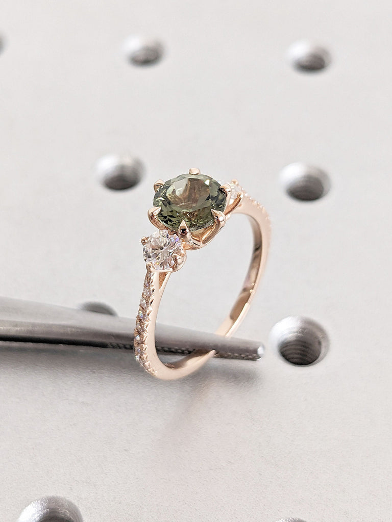 Round Green Tourmaline Engagement Ring, Three Stone Art Deco Ring, Rose Gold, Green Crystal Ring, Unique Tourmaline Ring, Dainty Gold Rings