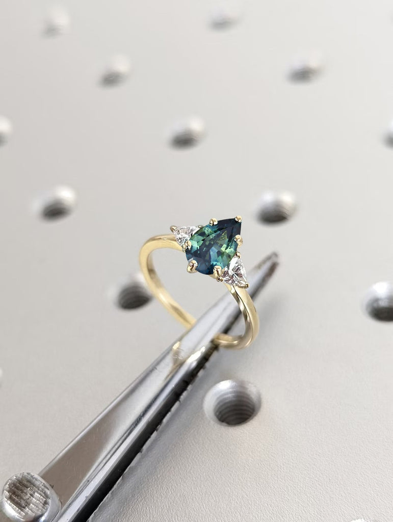 1CT Pear cut Teal Sapphire Woman Engagement Ring | 14K Yellow Gold Diamond Cluster Promise Ring | Unique Blue Green Birthstone Ring for Her