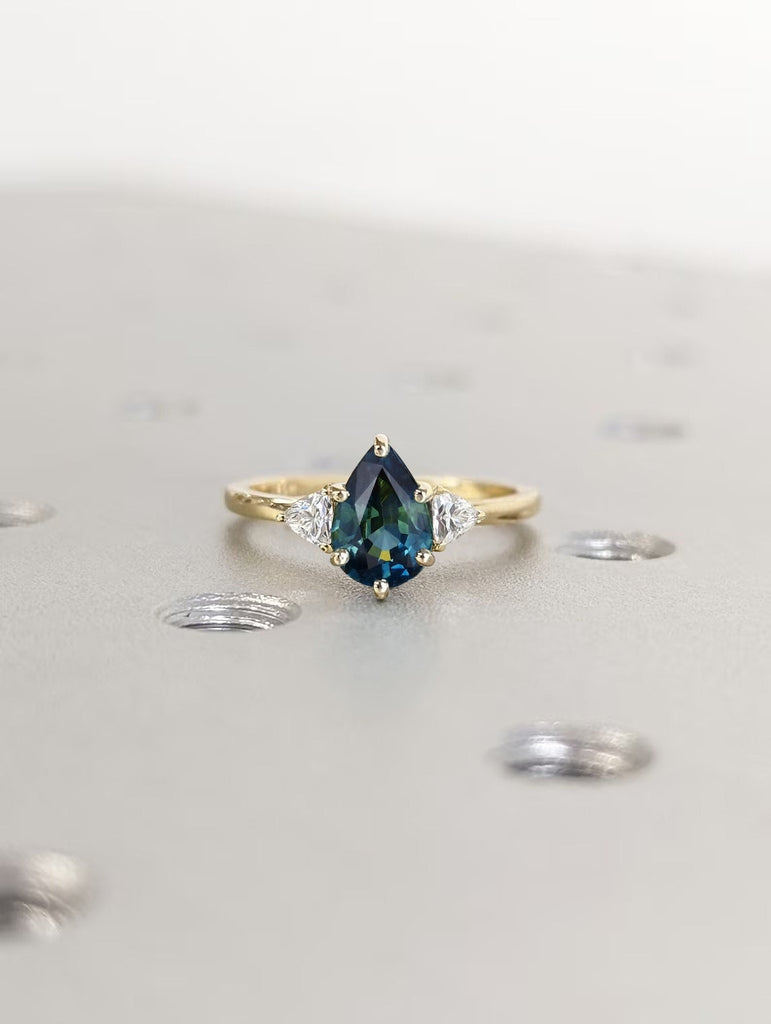 1CT Pear cut Teal Sapphire Woman Engagement Ring | 14K Yellow Gold Diamond Cluster Promise Ring | Unique Blue Green Birthstone Ring for Her