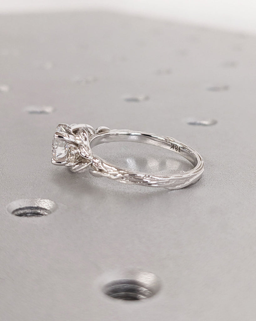 Nature Inspired Lab Grown Diamond Engagement Ring Leaves Band Round Lab Diamond Wedding Ring Leaf Vine Branch Alternative Engagement Ring