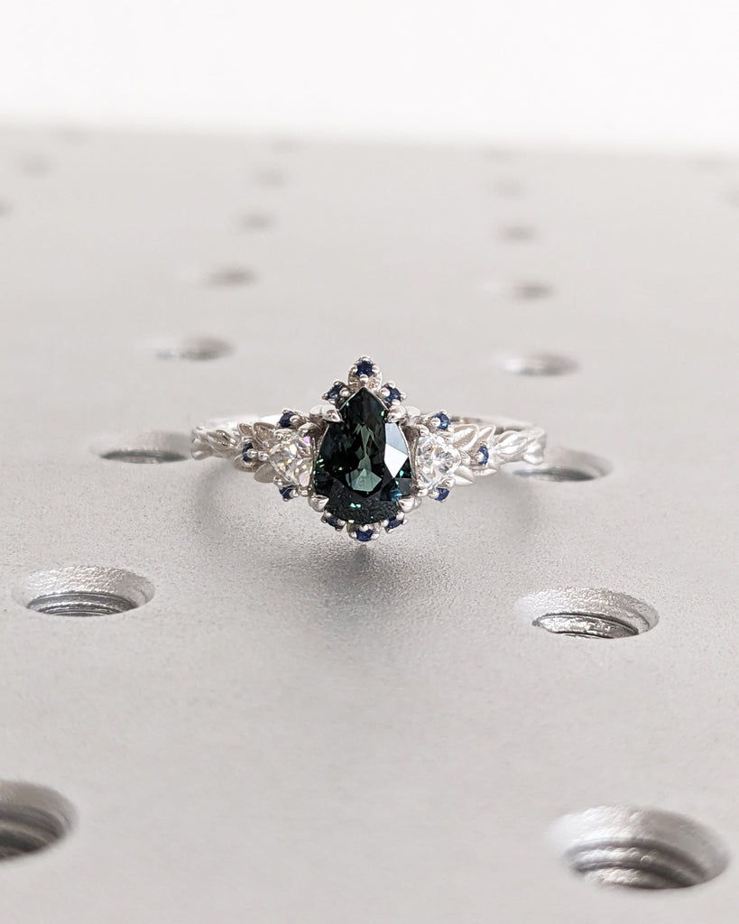 Briar Rose Three Stone Ring | Peacock Sapphire Ring | Oval Leaf Ring | 14K Sapphire Unique Engagement | Nature Ring | Ethereal Engagement