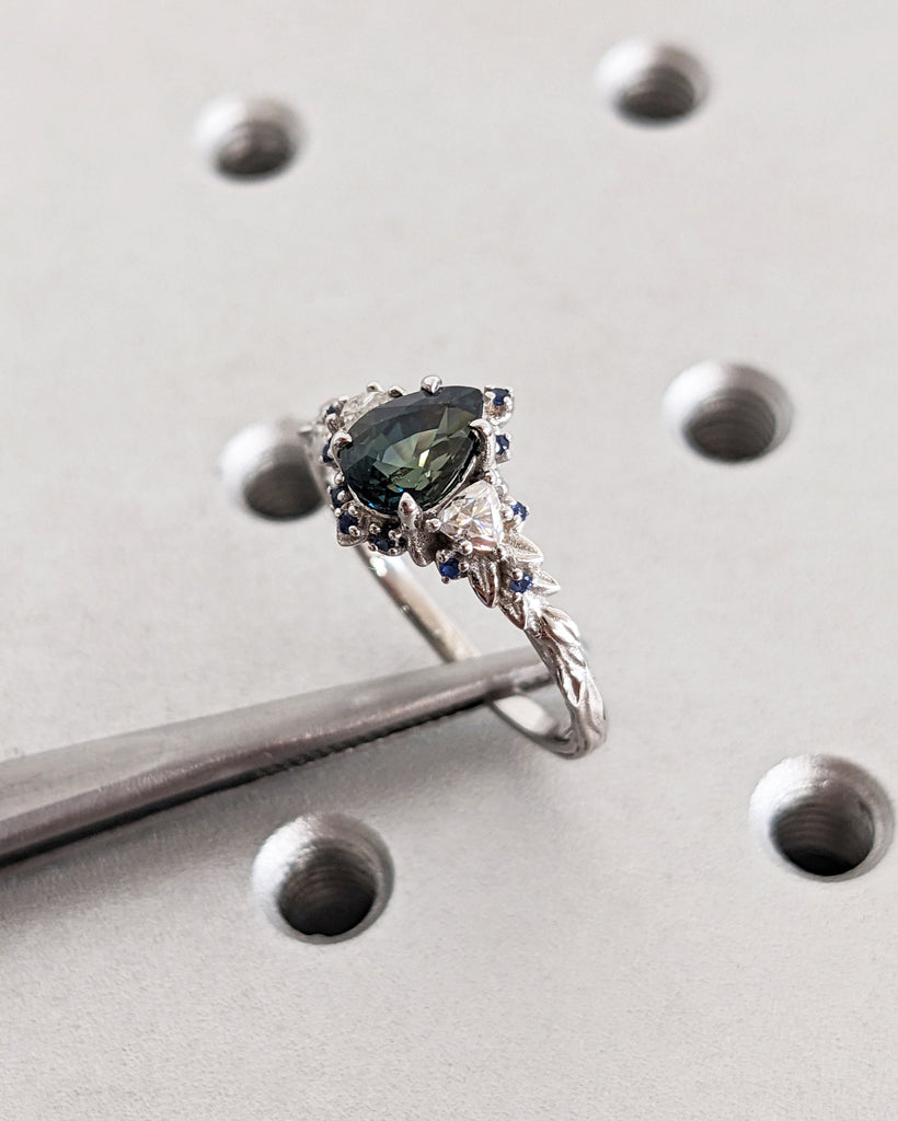 1CT Whimsical Blue Green Sapphire Engagement Ring | Briar Rose White Gold Ring | Fantasy Moissanite Diamond Ring Enchanted Floral Butterfly