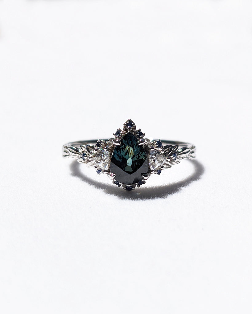 Vintage Teal Sapphire Leaf Engagement Ring | Solid Gold Sapphire Cluster Band | Unique Pear cut Ring | Art Deco Bridal Ring Anniversary Ring