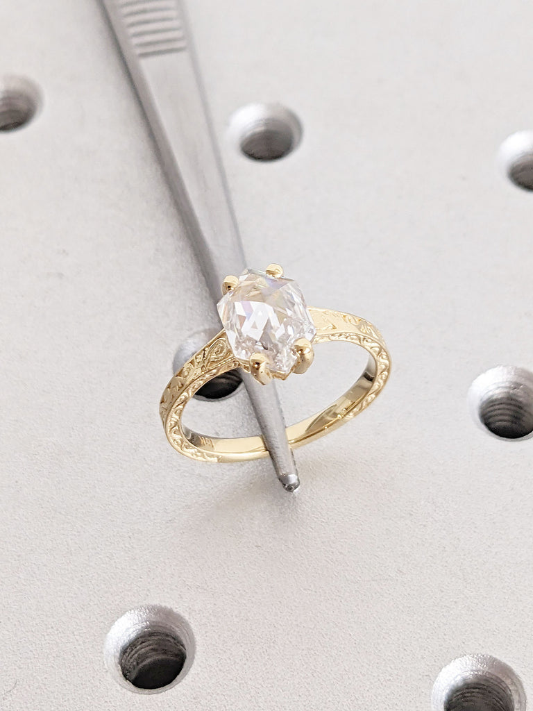 Hexagon cut Moissanite Solitaire Vintage Inspired Engagement Ring | 18K Yellow Gold Filigree Engraving Wedding Band | Unique Gift for Her