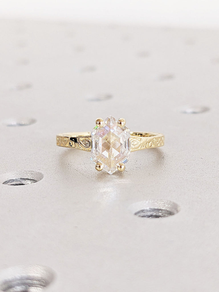 Art Deco Vintage Filigree Woman Wedding Ring | Solid Yellow Gold VVS Moissanite Solitaire Unique Proposal Ring | 1ct Diamond Ring | Promise Ring for Her