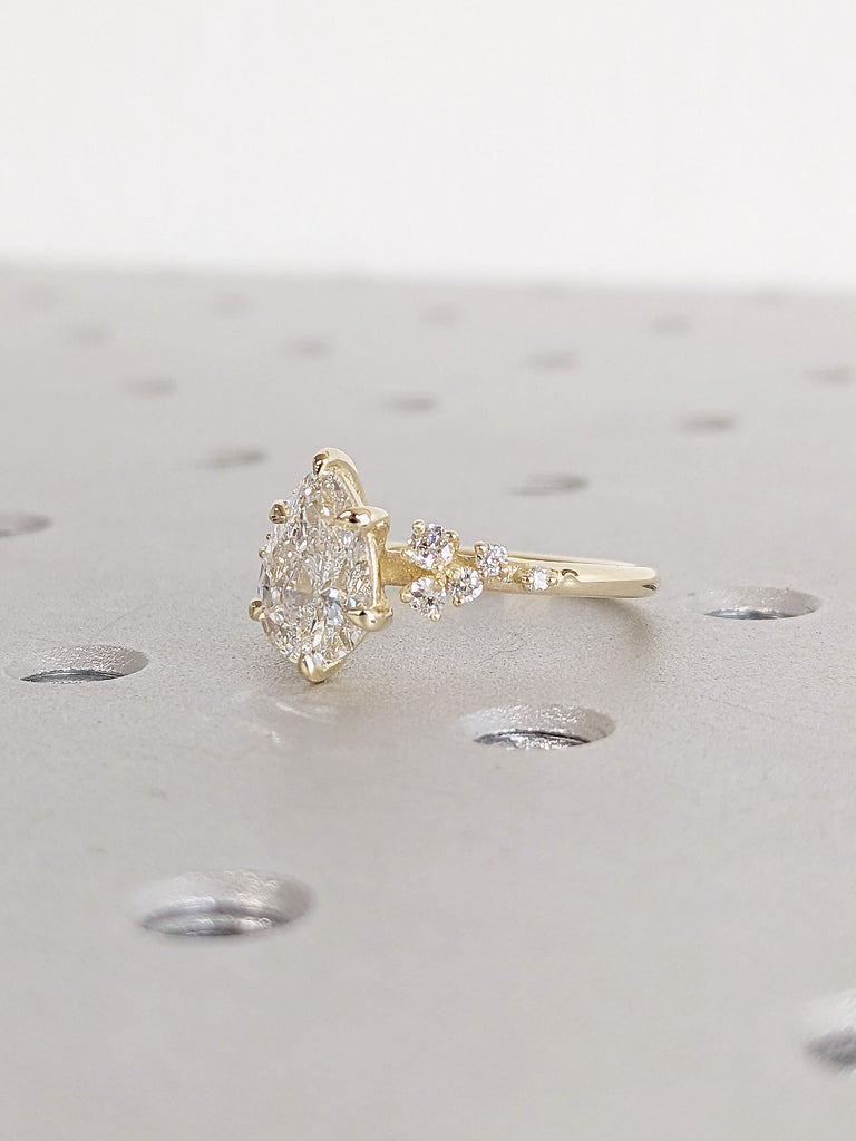 1, 1.5CT Pear Lab Grown Diamond 14K Yellow Gold Engagement Ring | Unique Snowdrift 6 Prong Diamond Cluster Promise Ring Wedding Ring for Her