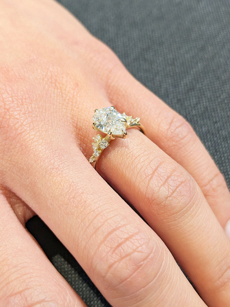 1.25ct Pear cut Lab Grown Diamond Woman Engagement Ring | Snowdrift Moissanite Cluster Unique Proposal Ring | Solid Yellow Gold Promise Ring