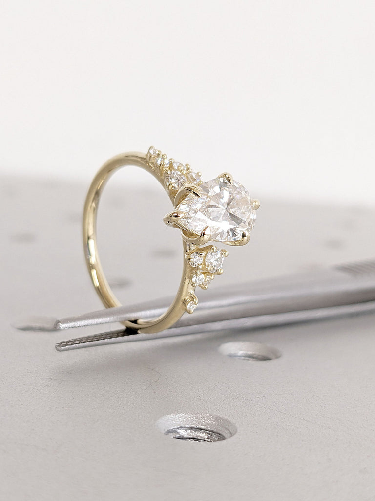 1, 1.5CT Pear Lab Grown Diamond 14K Yellow Gold Engagement Ring | Unique Snowdrift 6 Prong Diamond Cluster Promise Ring Wedding Ring for Her