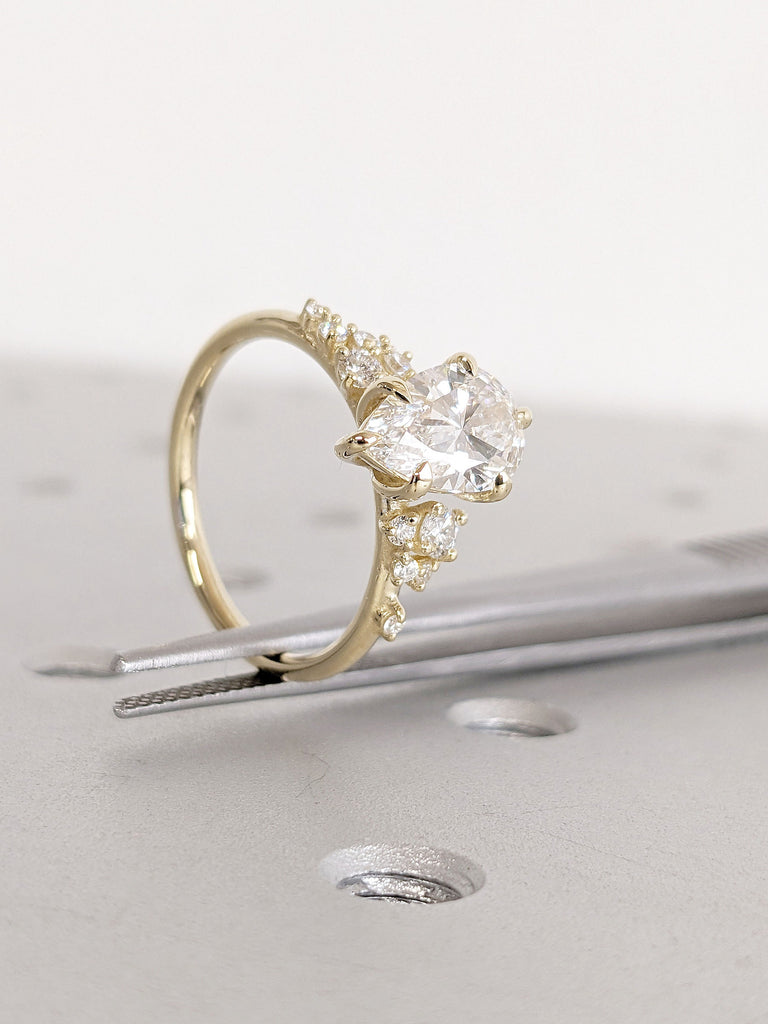 1, 1.5CT Pear Lab Grown Diamond 14K Yellow Gold Engagement Ring | Unique Snowdrift 6 Prong Moissanite Cluster Proposal Ring Wedding Ring for Her