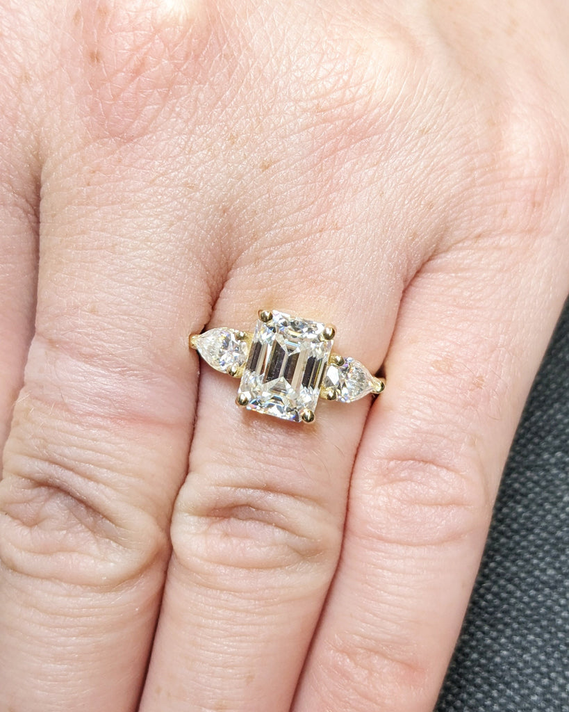 Three Stone Emerald Cut Moissanite Engagement Ring, Side Pear Moissanite, Three Stone Engagement Ring, Emerald Cut and Pear Cut, Lab Diamond