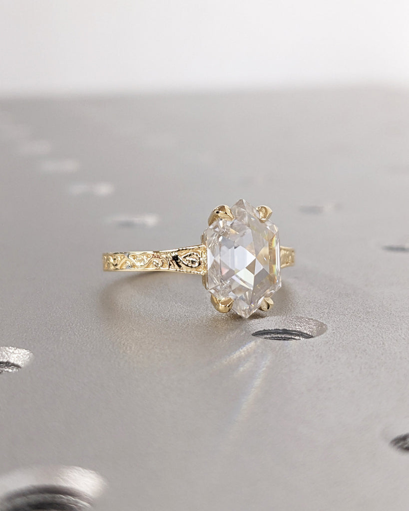 Hexagon Cut Moissanite Solitaire Vintage Inspired Engagement Ring | 18K Yellow Gold Filigree Engraving Wedding Band | Unique Gift for Her