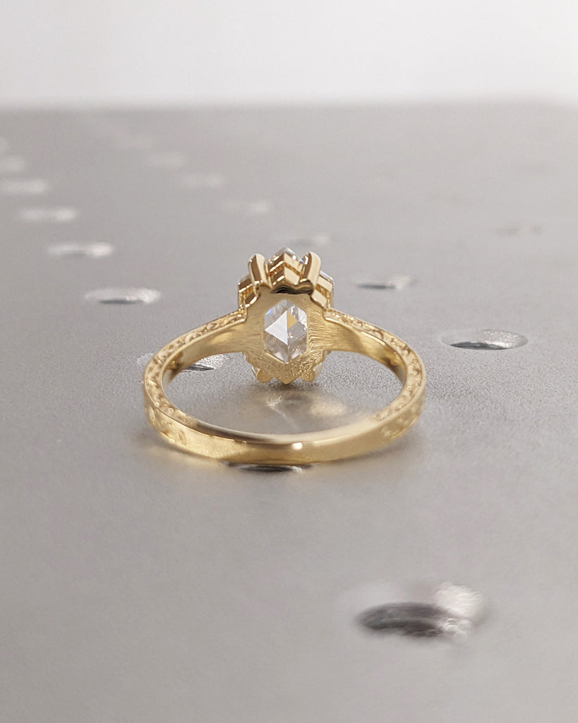 Hexagon Cut Moissanite Solitaire Vintage Inspired Engagement Ring | 18K Yellow Gold Filigree Engraving Wedding Band | Unique Gift for Her