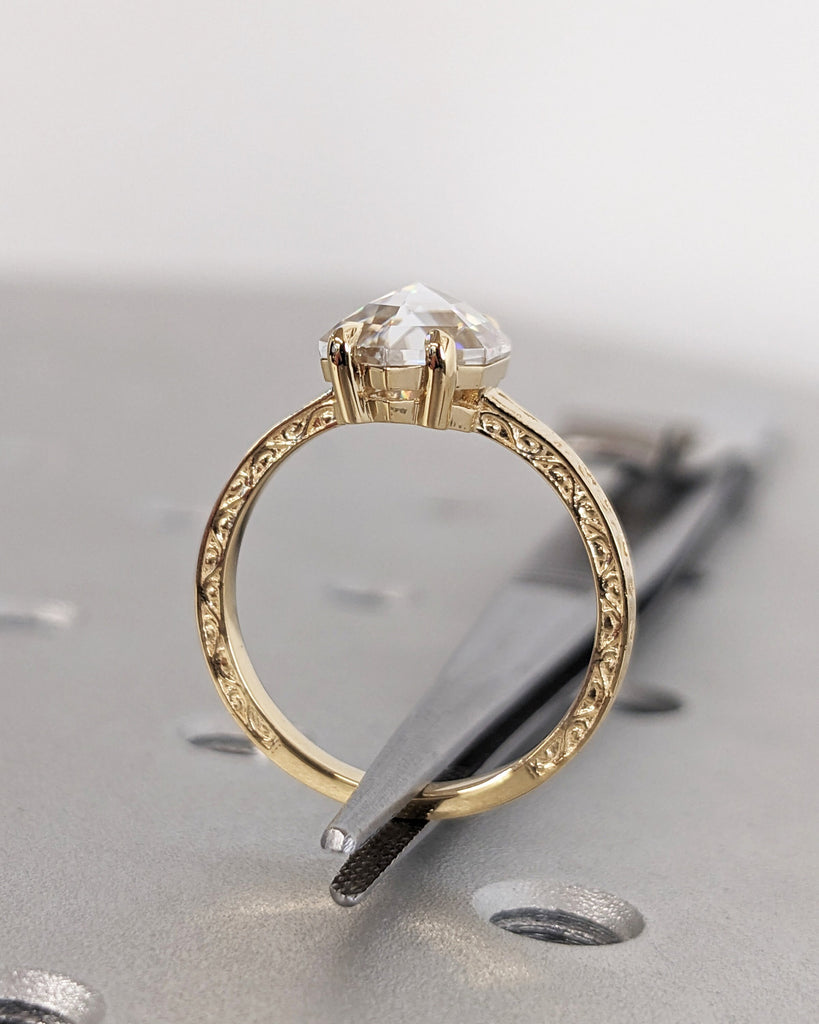 Hexagon Cut Moissanite Solitaire Vintage Inspired Engagement Ring | 18K Yellow Gold Filigree Engraving Wedding Band | Unique Gift for Her