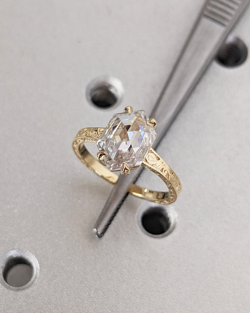 Hexagon Cut Moissanite Solitaire Vintage Inspired Engagement Ring | 18K Yellow Gold Filigree Engraving Wedding Band | Unique Gift for Her