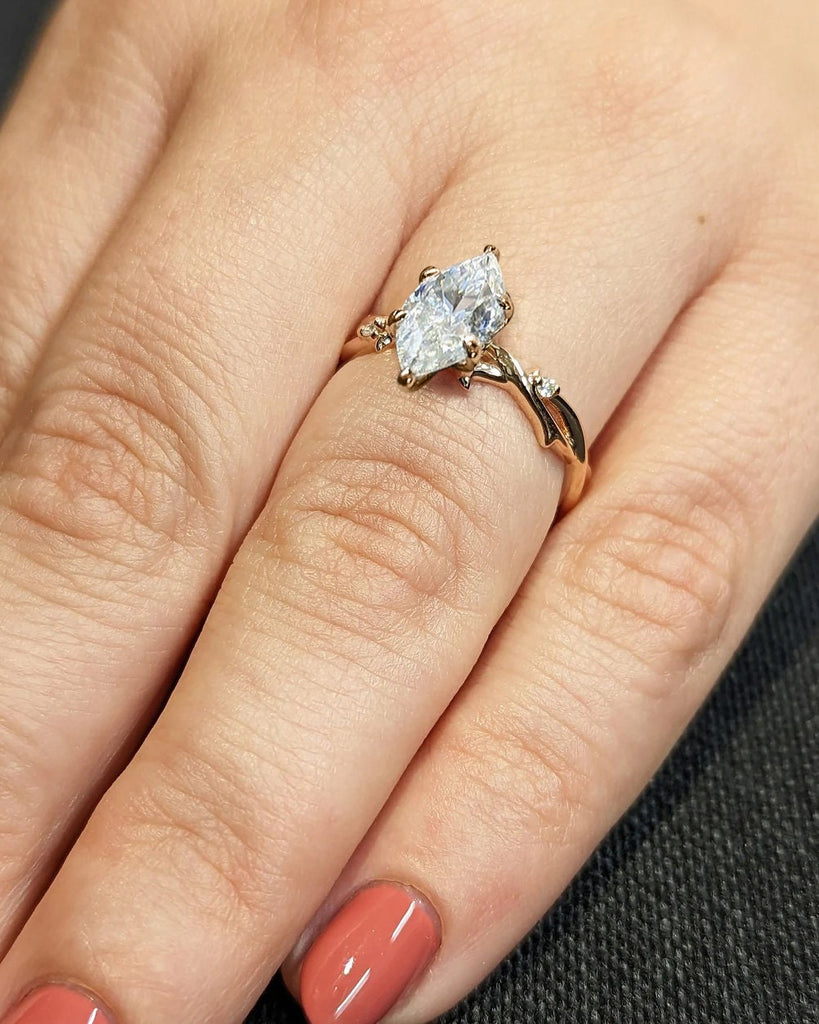 Twig Engagement Ring, Marquise Cut Moissanite Diamond Simulant, Nature Ring Set, 14K/18K Gold, 6 Prong, Rose Gold Ring, Unique Promise Ring