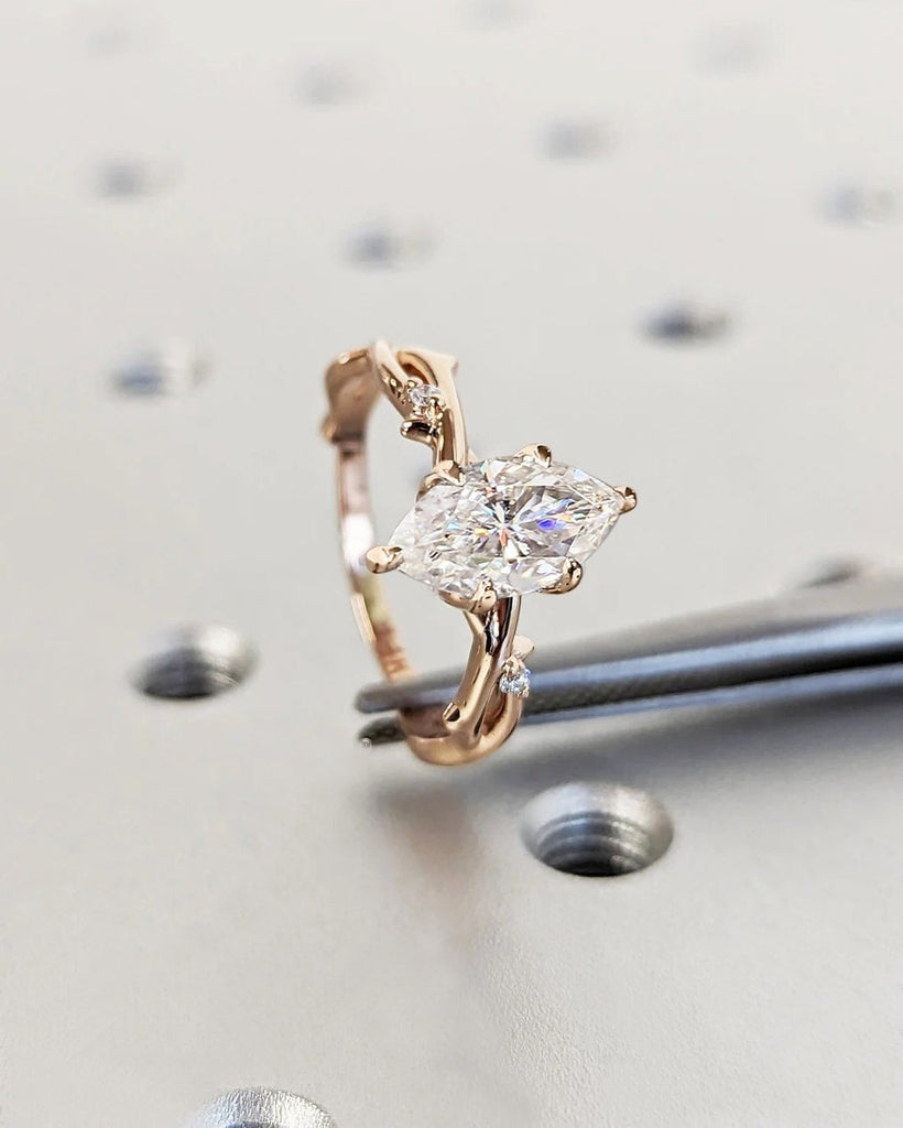 Twig Engagement Ring, Marquise Cut Moissanite Diamond Simulant, Nature Ring Set, 14K/18K Gold, 6 Prong, Rose Gold Ring, Unique Promise Ring