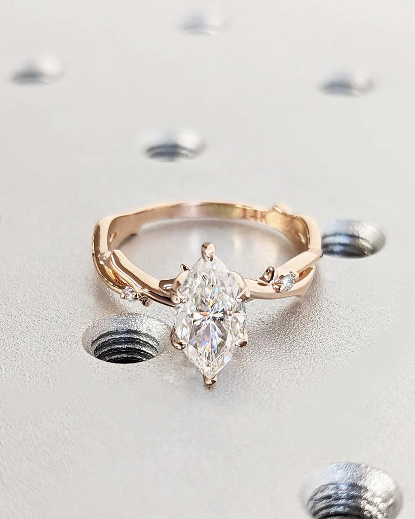 Twig Engagement Ring, Marquise Lab Diamond, Nature Ring Set, 14K/18K Gold, 6 Prong, Rose Gold Ring, Marquise Ring, Bride Dainty Diamond Ring