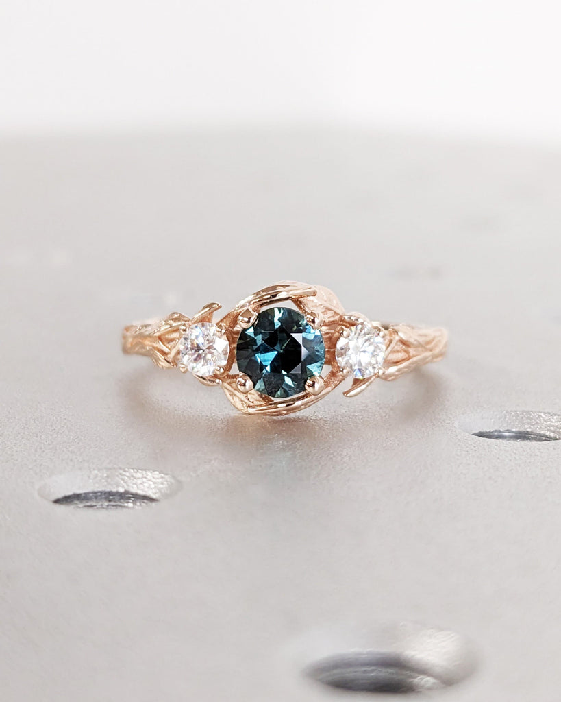 14K 18K White Gold Round Natural Montana Sapphire Engagement Cocktail Ring | Rustic Twigs Leaf Blue Green Crystal Promise Ring for Her