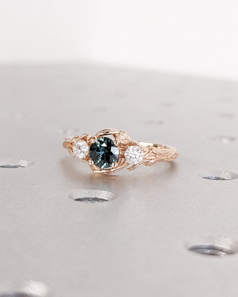 14K 18K White Gold Round Natural Montana Sapphire Engagement Cocktail Ring | Rustic Twigs Leaf Blue Green Crystal Promise Ring for Her