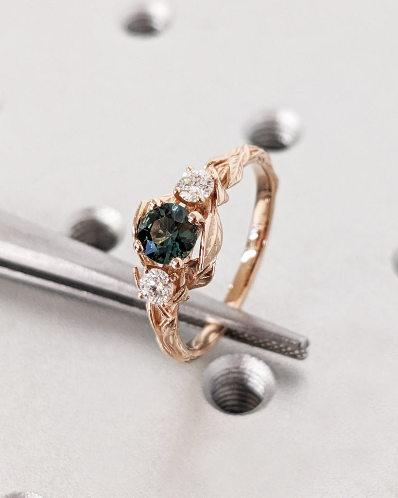 14K 18K White Gold Round Natural Montana Sapphire Engagement Cocktail Ring | Rustic Twigs Leaf Blue Green Crystal Promise Ring for Her