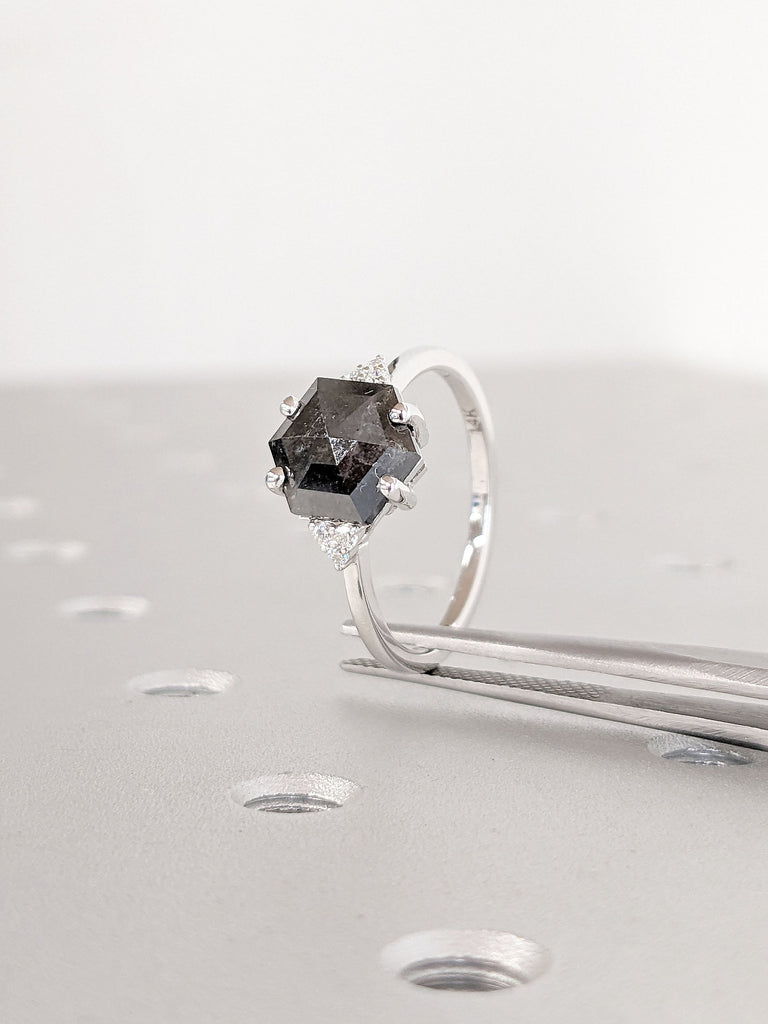 2CT Natural Grey Diamond Engagement Ring | Unique Hexagon cut Salt and Pepper Diamond Wedding Ring for Her | 14K White Gold Promise Ring