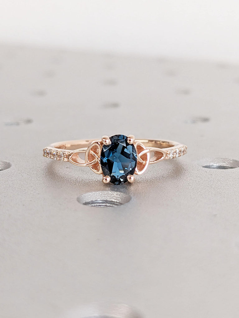 1ct London Blue Topaz Promise Ring | Rose Gold Celtic Knot Lab Diamond Ring | Cluster Ring