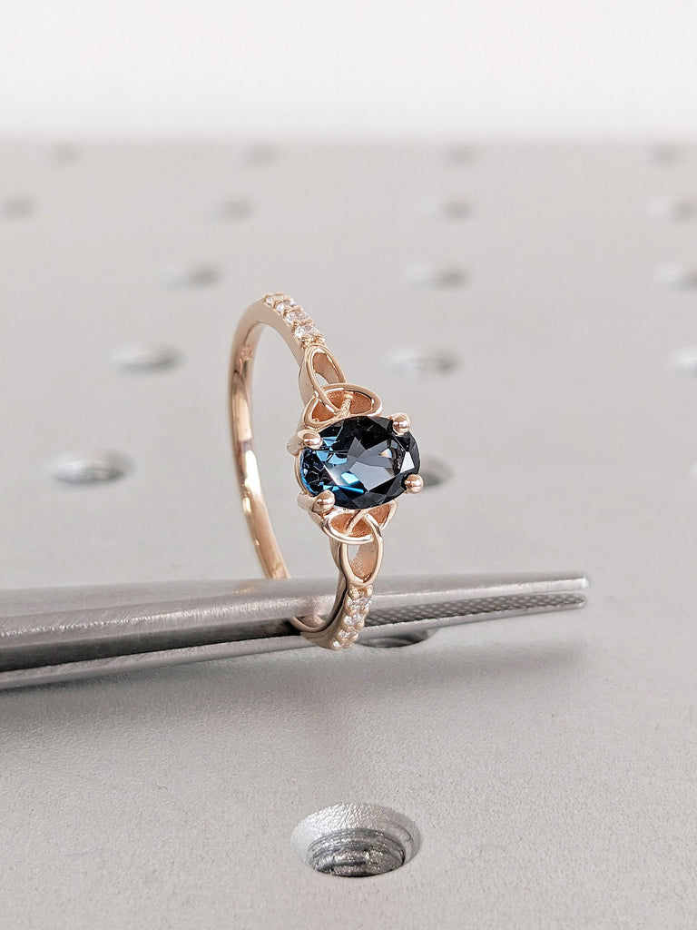 1ct Oval Blue Lab Topaz Celtic Ring | Solid Rose Gold Solitaire Anniversary Ring | Irish Knot Promise Ring | Blue Crystal Promise Band