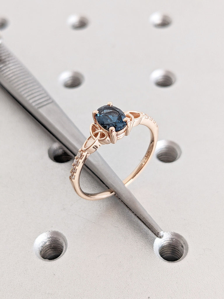 Oval cut Natural London Blue Lab Topaz Celtic Ring | Solid Rose Gold Irish Knot Promise Ring | 4th Wedding Anniversary Gift | Blue Crystal