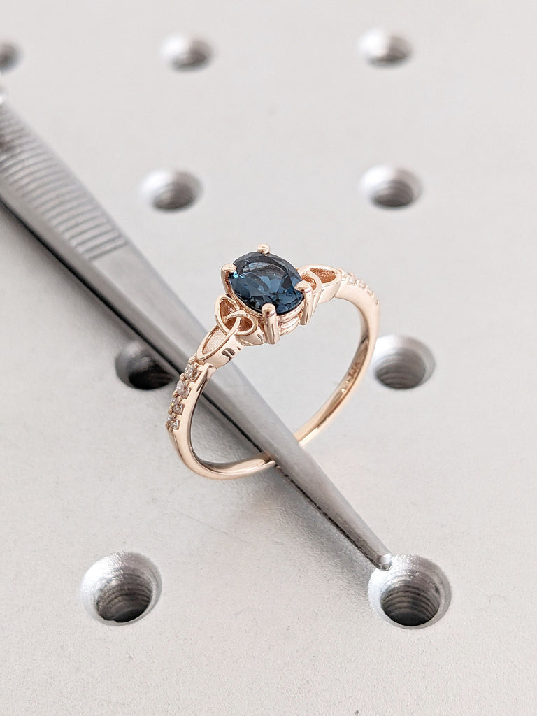 London Blue Topaz Celtic Knot Engagement Ring | 14k Rose Gold Vintage Solitaire Ring | 1-2ct Unique Lab Topaz Ring | December Birthstone