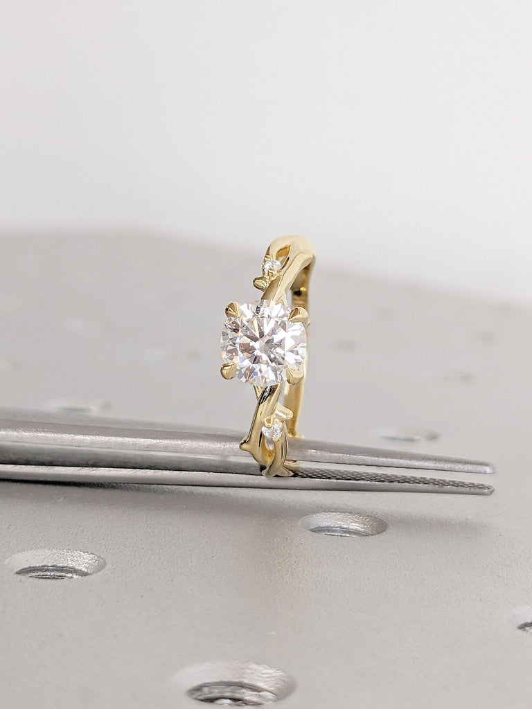 Round Moissanite Nature Inspired Engagement Ring | Simple Promise Ring for Her | Twig Branch Ring | 14K 18K Yellow Gold Ring | 6 Prong Ring