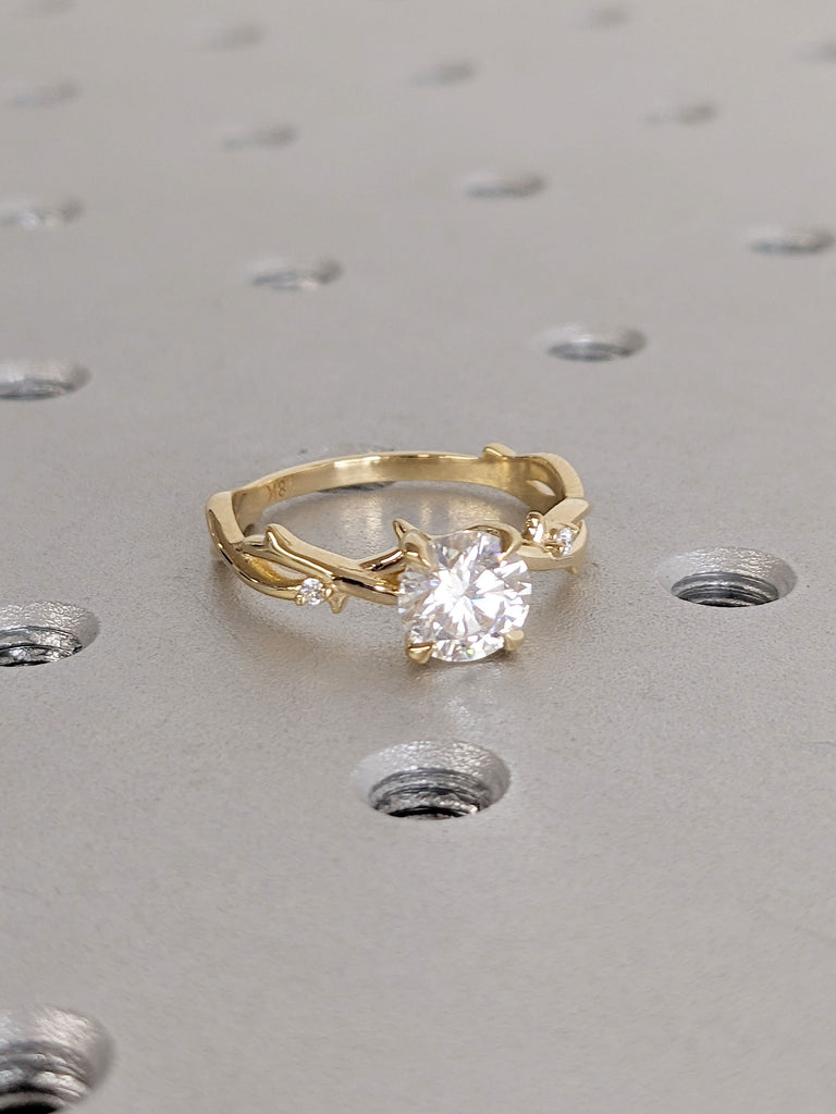 Twig Engagement Ring | Round Lab Diamond Nature Ring | 14K/18K Gold, 6 Prong Yellow Gold Ring | Round cut Ring | Bride Dainty Diamond Ring