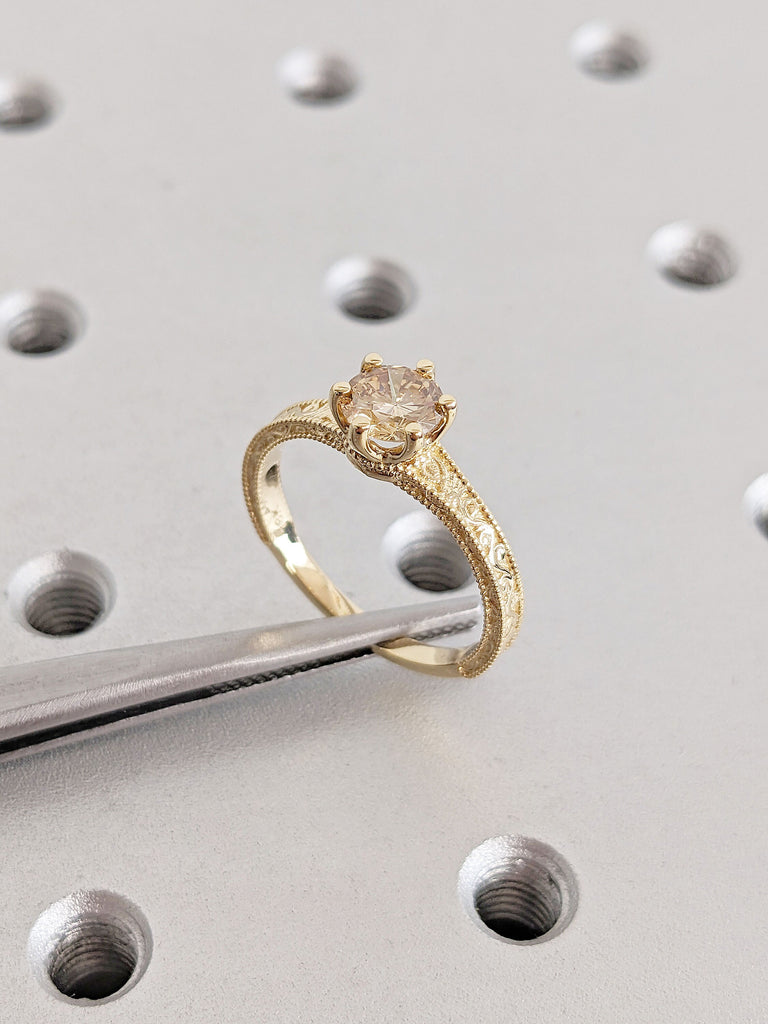 Champagne Diamond Vintage Engagement Ring | 18K Yellow Gold Diamond Ring | Solitaire Ring | Alternative Engagement Ring | Filigree Ring