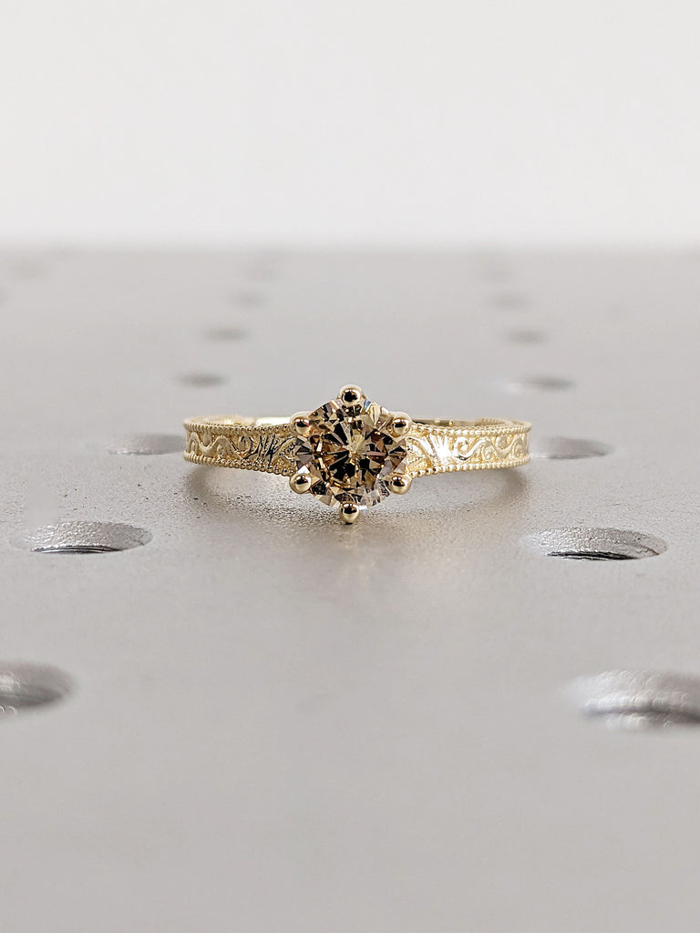 Champagne Diamond Vintage Engagement Ring | 18K Yellow Gold Diamond Ring | Solitaire Ring | Alternative Engagement Ring | Filigree Ring