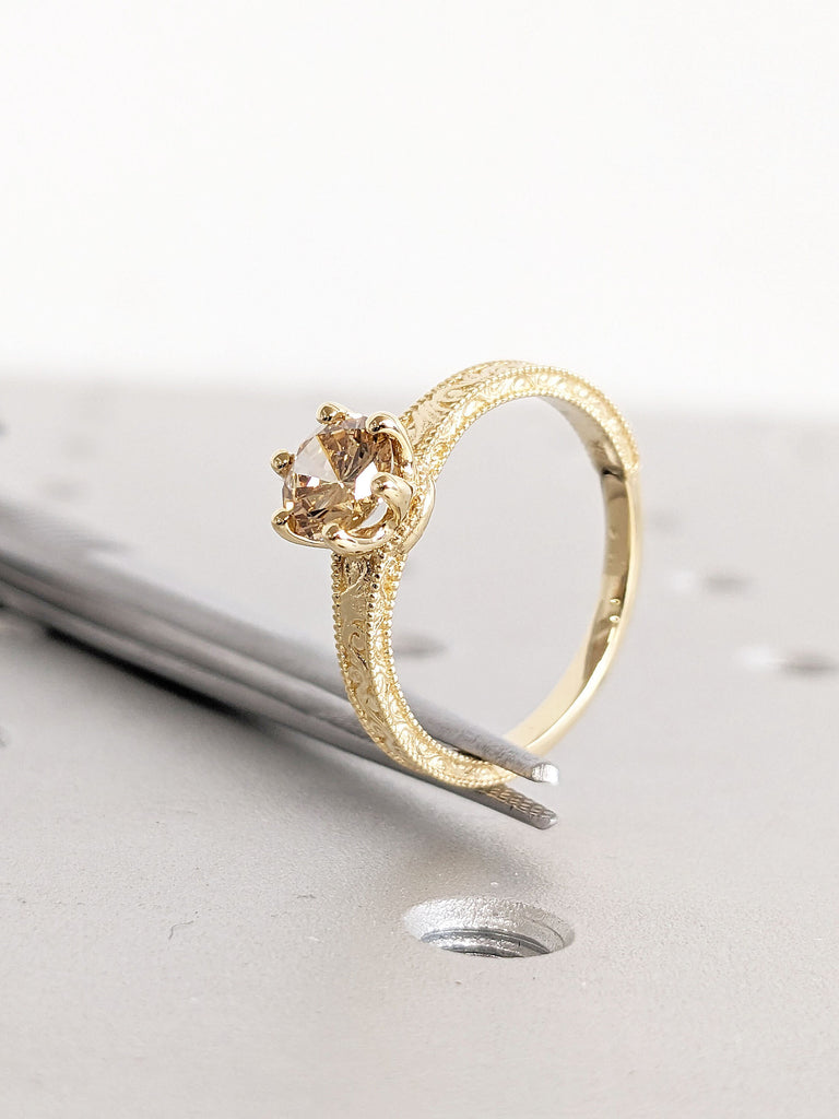 Champagne Diamond Vintage Engagement Ring | 18K Yellow Gold Diamond Ring | Solitaire Ring | Alternative Engagement Ring | Filigree Ring