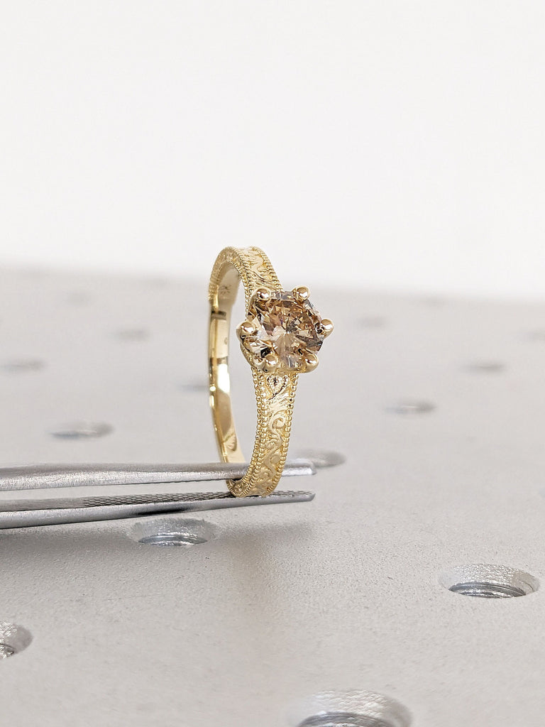 Champagne Diamond Vintage Engagement Ring | 18K Yellow Gold Diamond Ring | Solitaire Ring | Alternative Engagement Ring | Filigree Ring