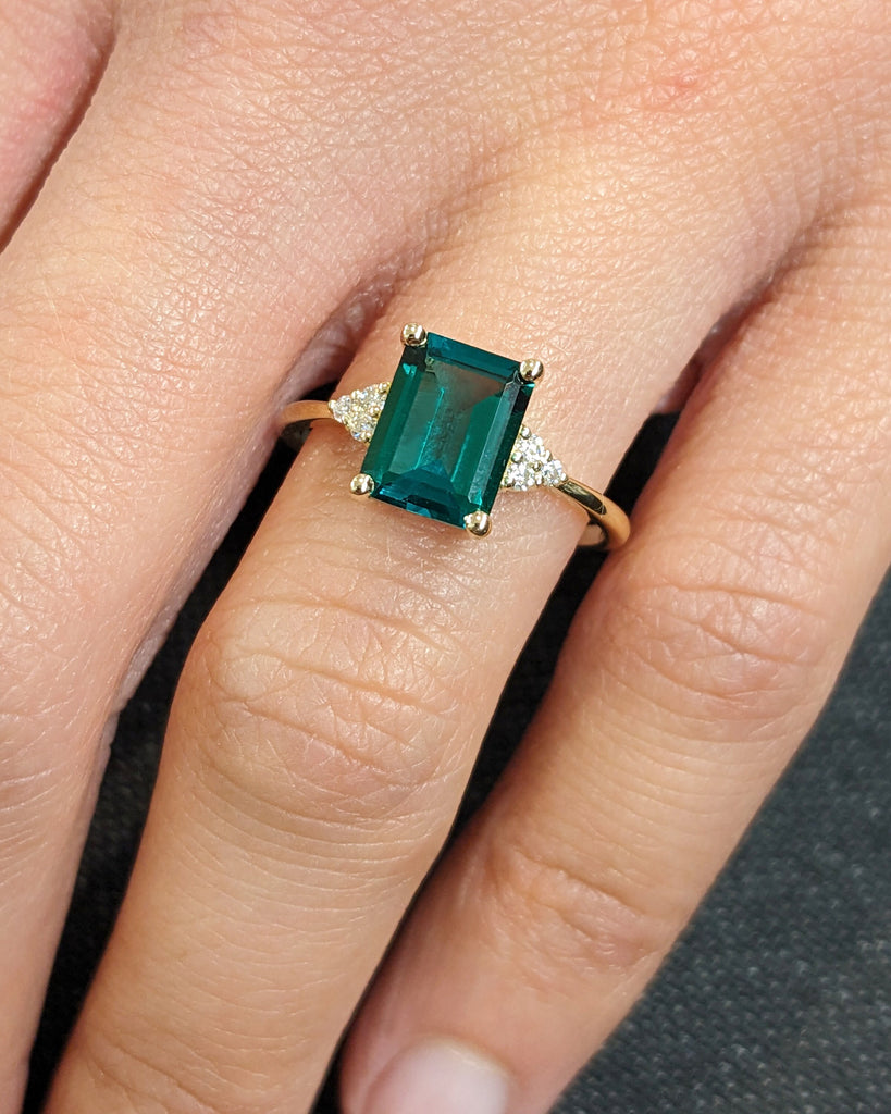 Vintage 1, 1.5, 2CT Lab Emerald Engagement Ring Emerald Cut | Antique 14K 18K Yellow Gold Emerald Wedding Ring for Her | Woman Proposal Ring