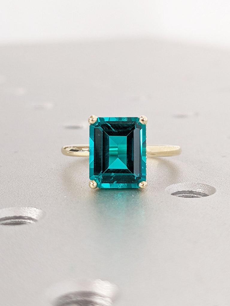 Bluish Green Colombian Lab Emerald Engagement Ring | Solitaire Ring | Diamond Hidden Halo Ring | Delicate Thin Gold Wedding Ring for Her